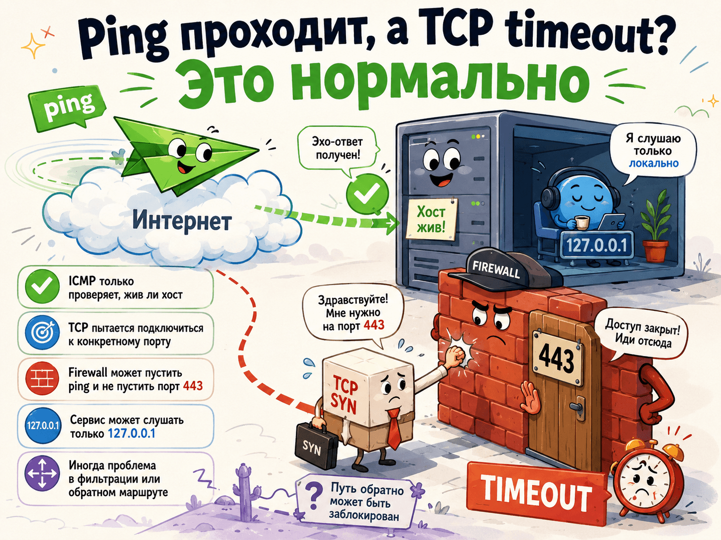 Ping проходит, а TCP timeout: как понять, где ломается соединение